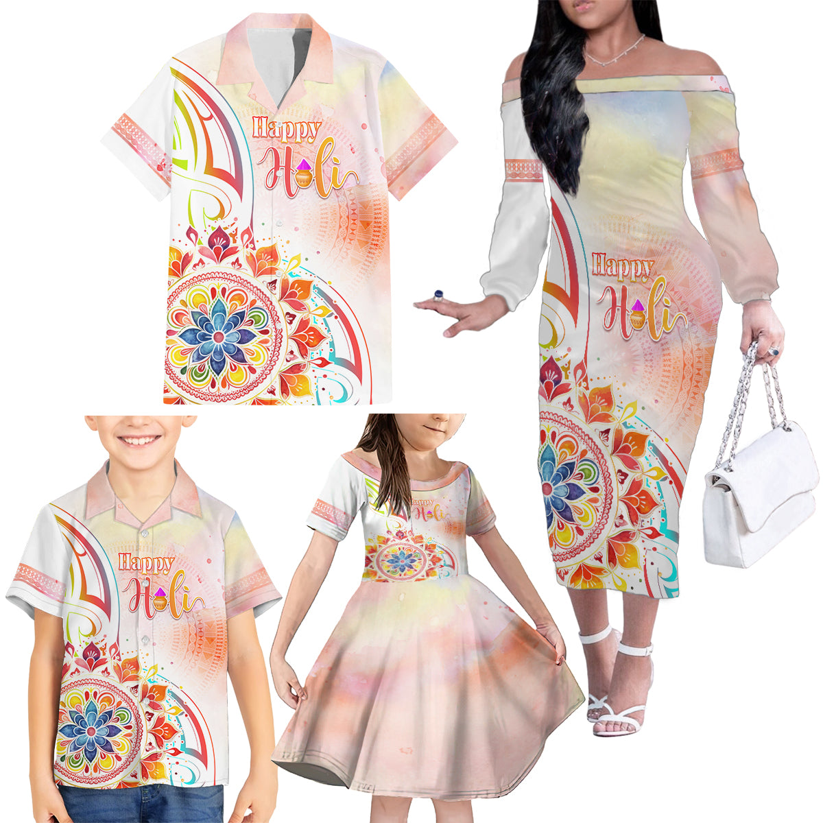 Happy Holi Festival Family Matching Off The Shoulder Long Sleeve Dress and Hawaiian Shirt Rangoli With Polynesian Pattern LT05 - Polynesian Pride