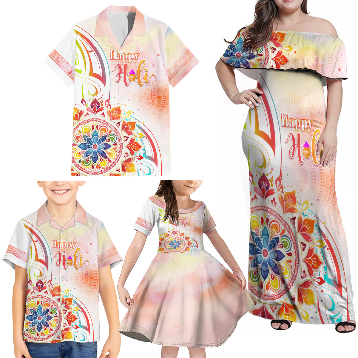 Happy Holi Festival Family Matching Off Shoulder Maxi Dress and Hawaiian Shirt Rangoli With Polynesian Pattern LT05 - Polynesian Pride