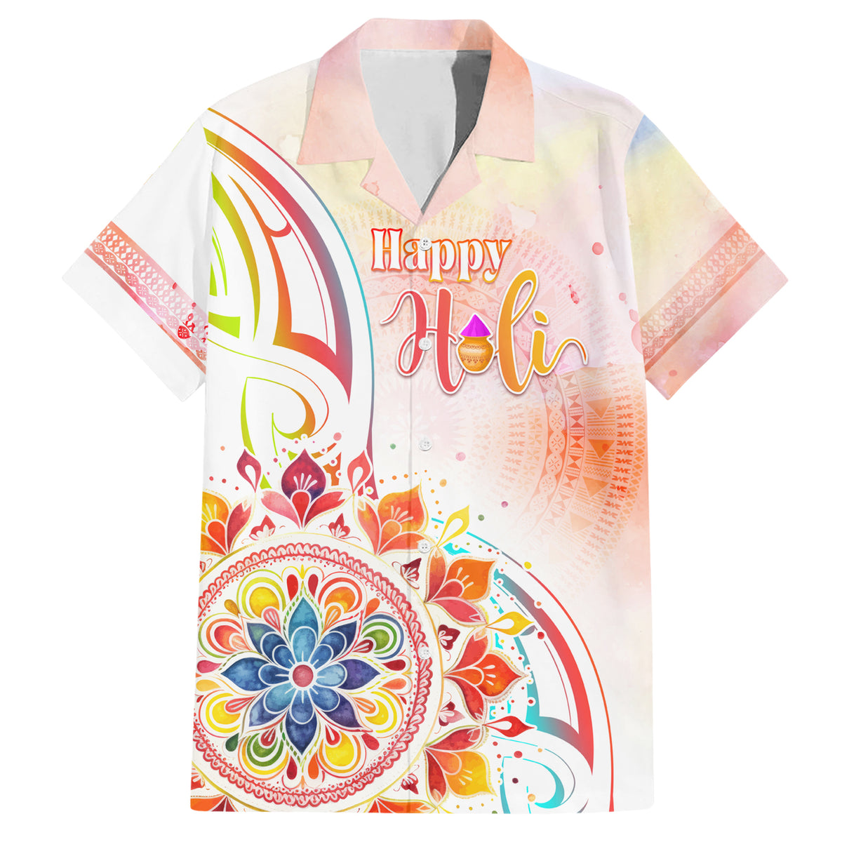 Happy Holi Festival Family Matching Short Sleeve Bodycon Dress and Hawaiian Shirt Rangoli With Polynesian Pattern LT05 Dad's Shirt - Short Sleeve White - Polynesian Pride