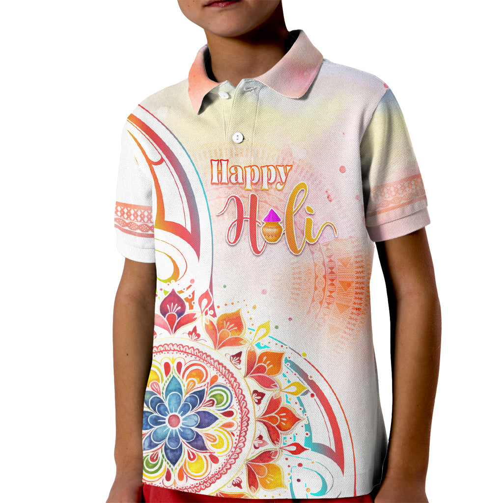 Happy Holi Festival Kid Polo Shirt Rangoli With Polynesian Pattern LT05 Kid White - Polynesian Pride