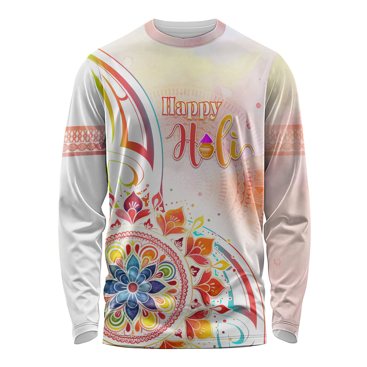 Happy Holi Festival Long Sleeve Shirt Rangoli With Polynesian Pattern LT05 Unisex White - Polynesian Pride