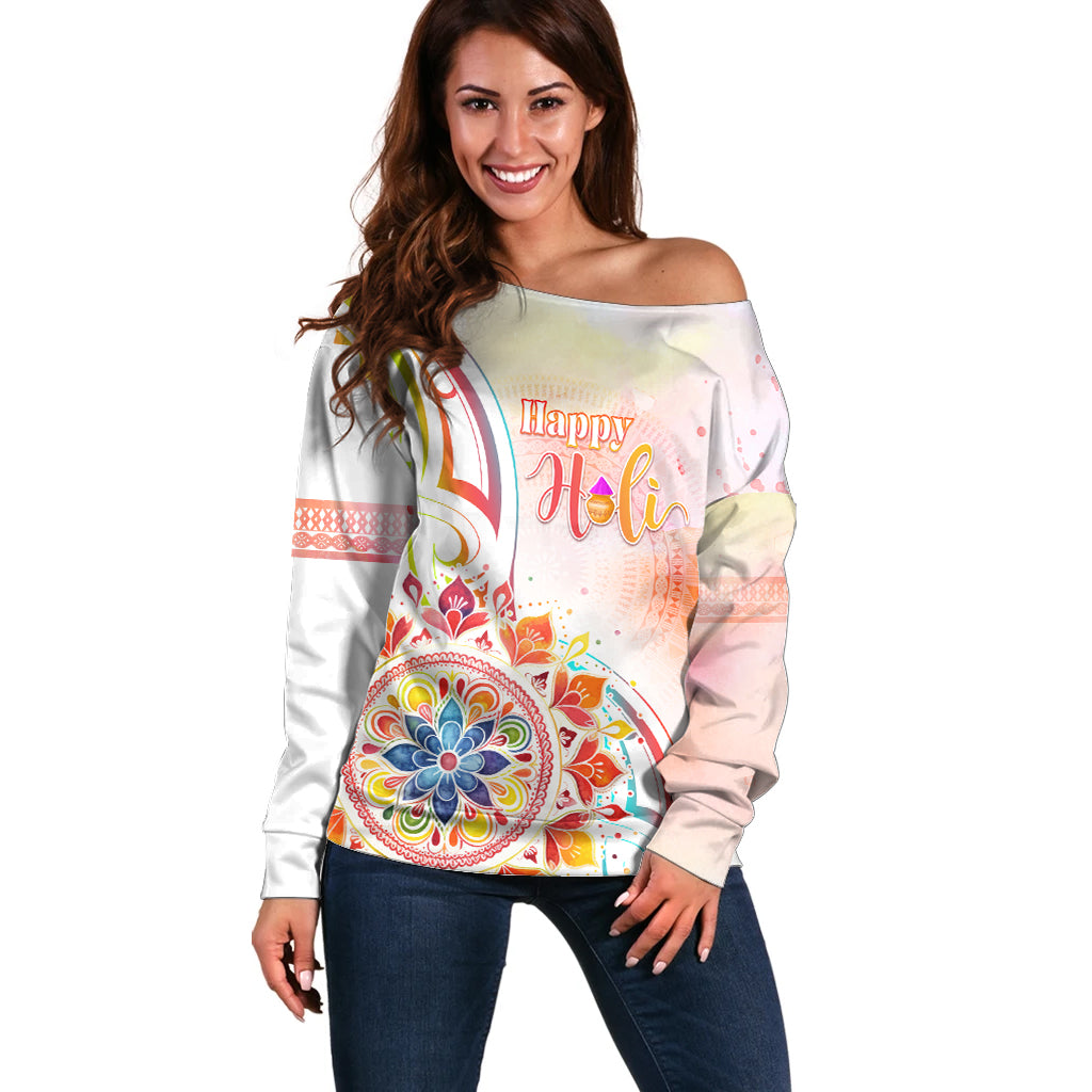 Happy Holi Festival Off Shoulder Sweater Rangoli With Polynesian Pattern LT05 Women White - Polynesian Pride