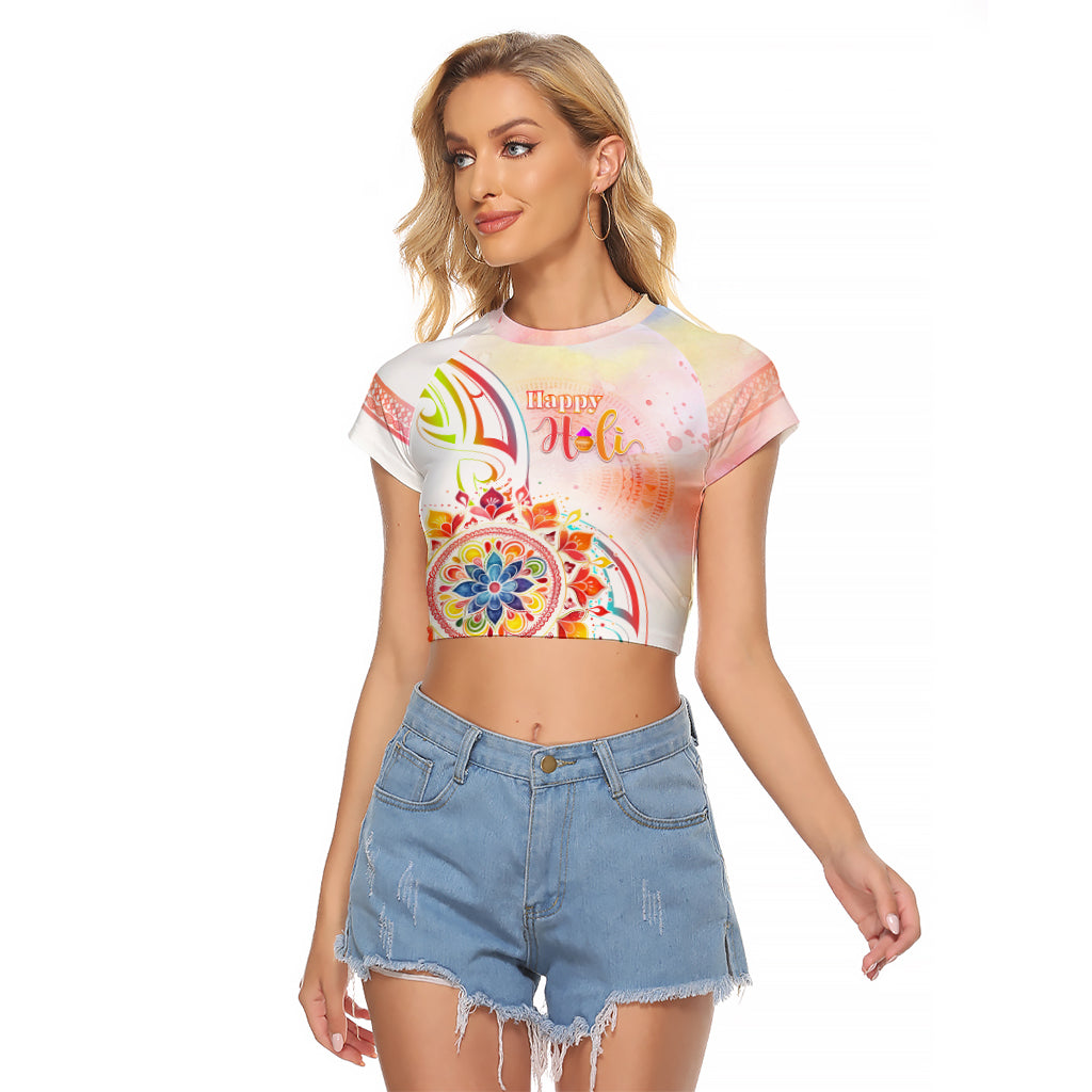 Happy Holi Festival Raglan Cropped T Shirt Rangoli With Polynesian Pattern LT05 Female White - Polynesian Pride