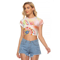 Happy Holi Festival Raglan Cropped T Shirt Rangoli With Polynesian Pattern LT05 Female White - Polynesian Pride