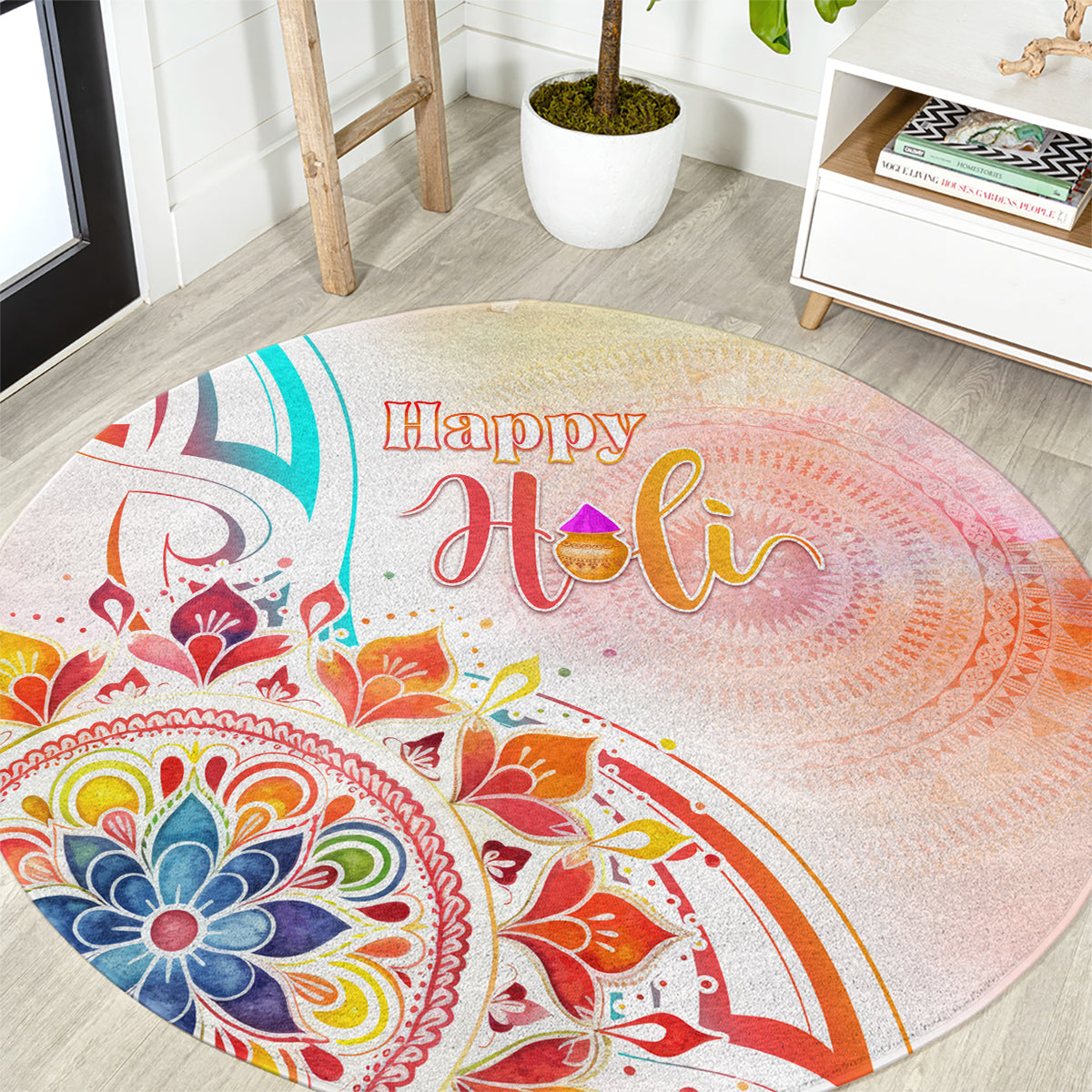 Happy Holi Festival Round Carpet Rangoli With Polynesian Pattern LT05 White - Polynesian Pride