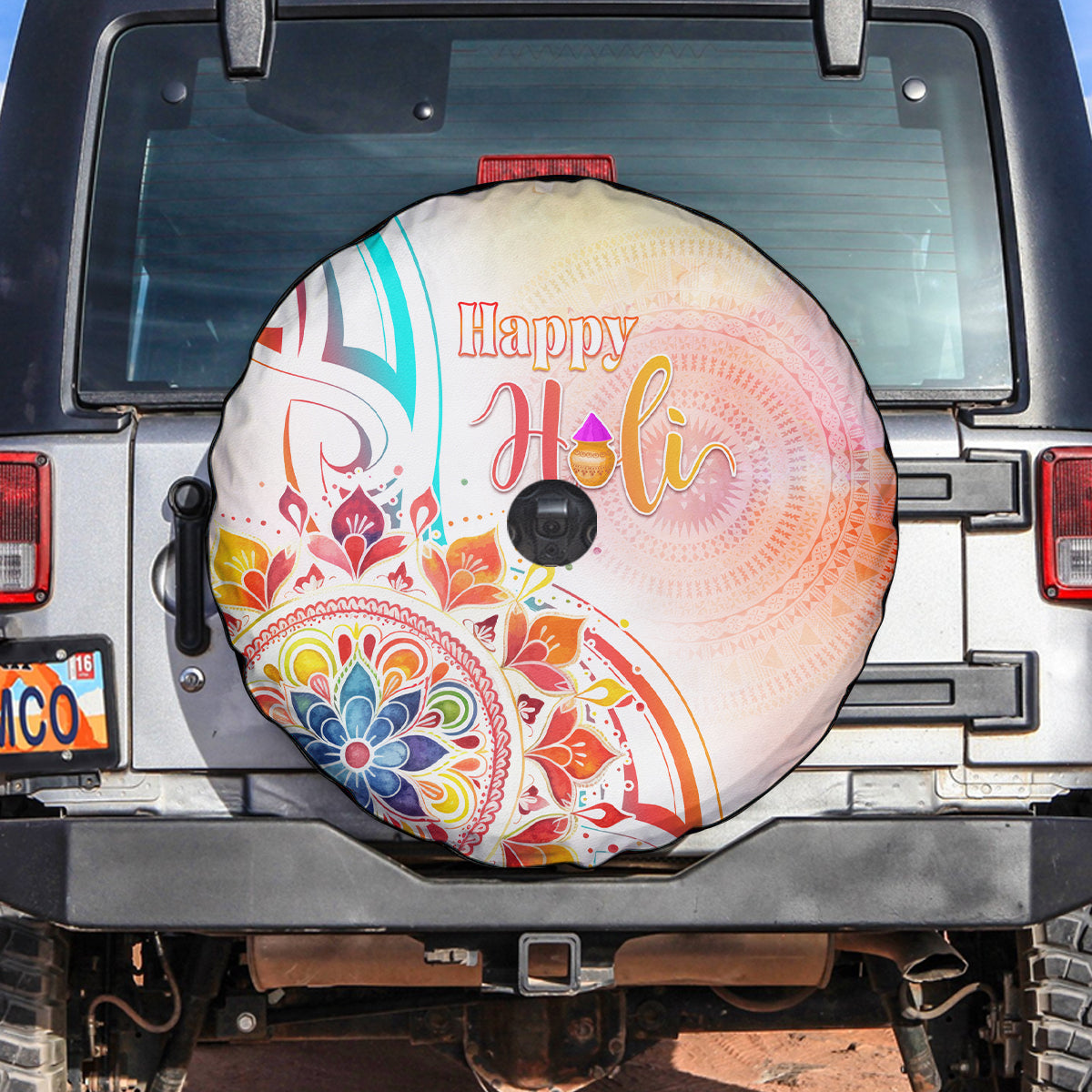 Happy Holi Festival Spare Tire Cover Rangoli With Polynesian Pattern LT05 White - Polynesian Pride