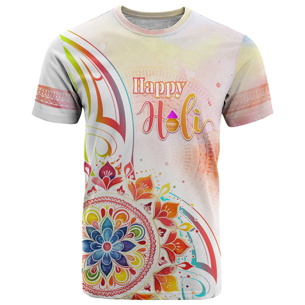 Happy Holi Festival T Shirt Rangoli With Polynesian Pattern LT05 White - Polynesian Pride