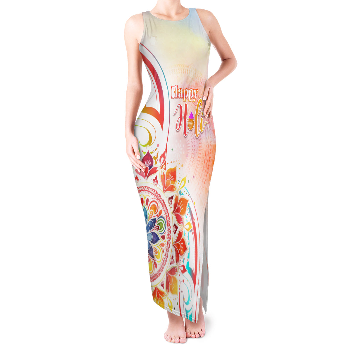 Happy Holi Festival Tank Maxi Dress Rangoli With Polynesian Pattern LT05 Women White - Polynesian Pride