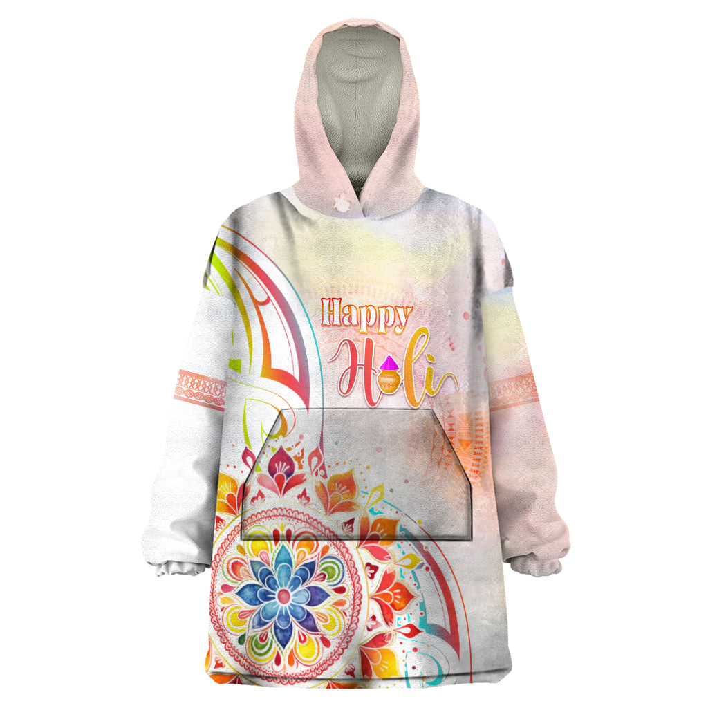 Happy Holi Festival Wearable Blanket Hoodie Rangoli With Polynesian Pattern LT05 One Size White - Polynesian Pride