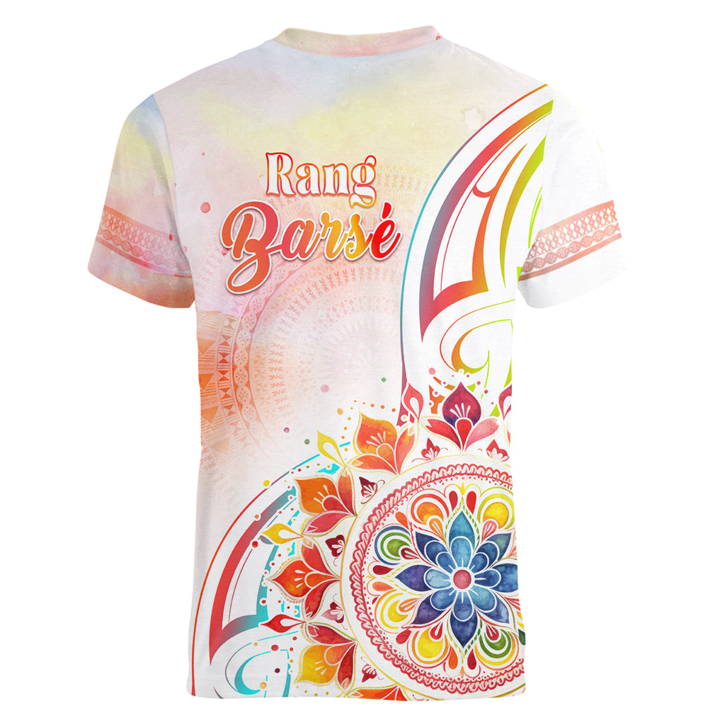 Happy Holi Festival Women V Neck T Shirt Rangoli With Polynesian Pattern LT05 - Polynesian Pride