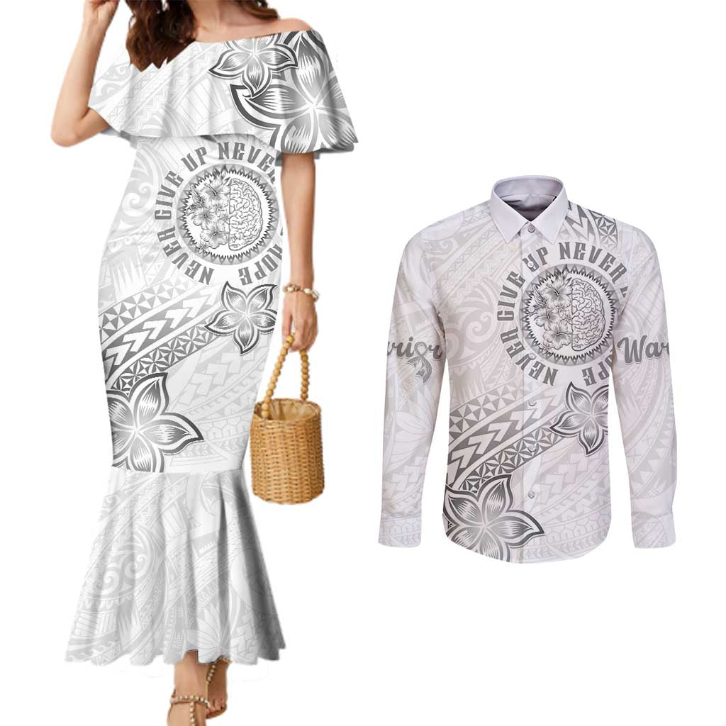 Brain Cancer Warrior Couples Matching Mermaid Dress and Long Sleeve Button Shirt Never Give Up LT05 White - Polynesian Pride