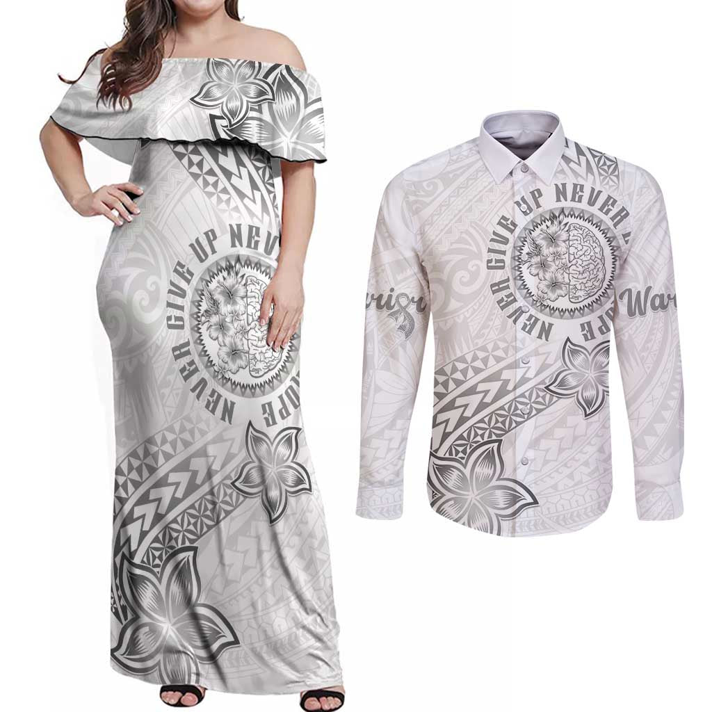 Brain Cancer Warrior Couples Matching Off Shoulder Maxi Dress and Long Sleeve Button Shirt Never Give Up LT05 White - Polynesian Pride