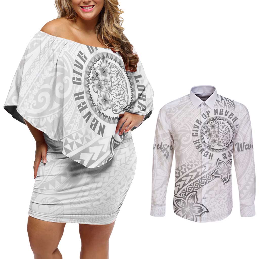 Brain Cancer Warrior Couples Matching Off Shoulder Short Dress and Long Sleeve Button Shirt Never Give Up LT05 White - Polynesian Pride
