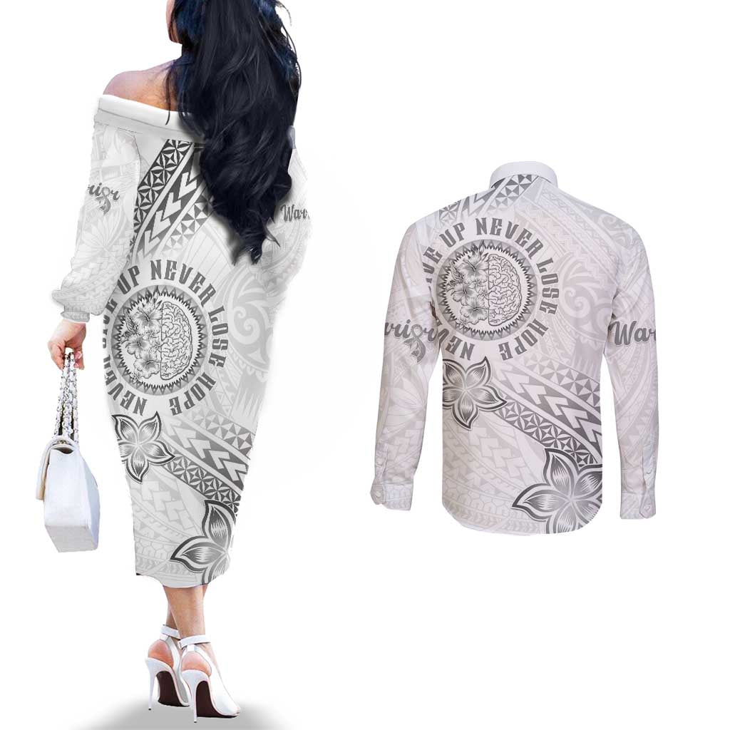 Brain Cancer Warrior Couples Matching Off The Shoulder Long Sleeve Dress and Long Sleeve Button Shirt Never Give Up LT05 - Polynesian Pride