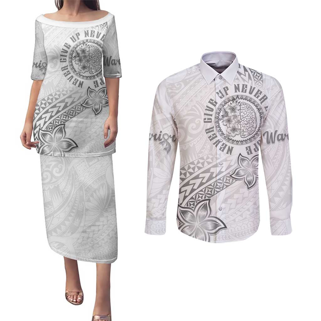 Brain Cancer Warrior Couples Matching Puletasi and Long Sleeve Button Shirt Never Give Up LT05 White - Polynesian Pride
