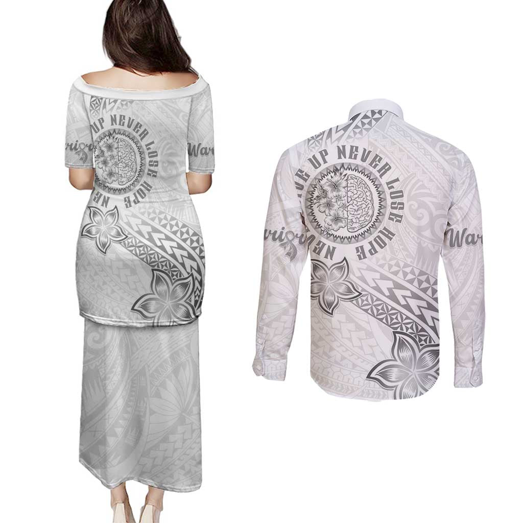 Brain Cancer Warrior Couples Matching Puletasi and Long Sleeve Button Shirt Never Give Up LT05 - Polynesian Pride