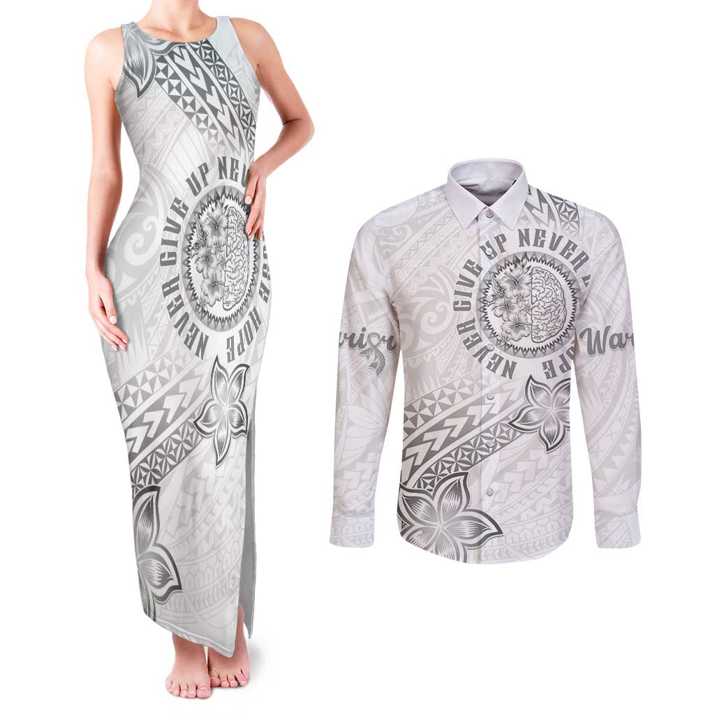 Brain Cancer Warrior Couples Matching Tank Maxi Dress and Long Sleeve Button Shirt Never Give Up LT05 White - Polynesian Pride