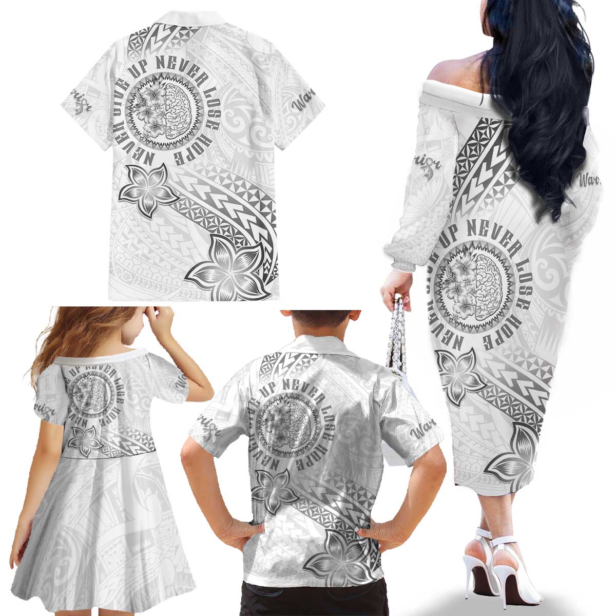 Brain Cancer Warrior Family Matching Off The Shoulder Long Sleeve Dress and Hawaiian Shirt Never Give Up