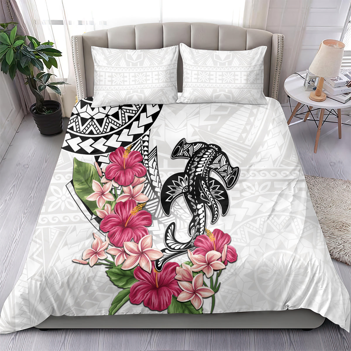 White Polynesian Hammerhead Shark Tribal Pattern Bedding Set LT05 - Polynesian Pride
