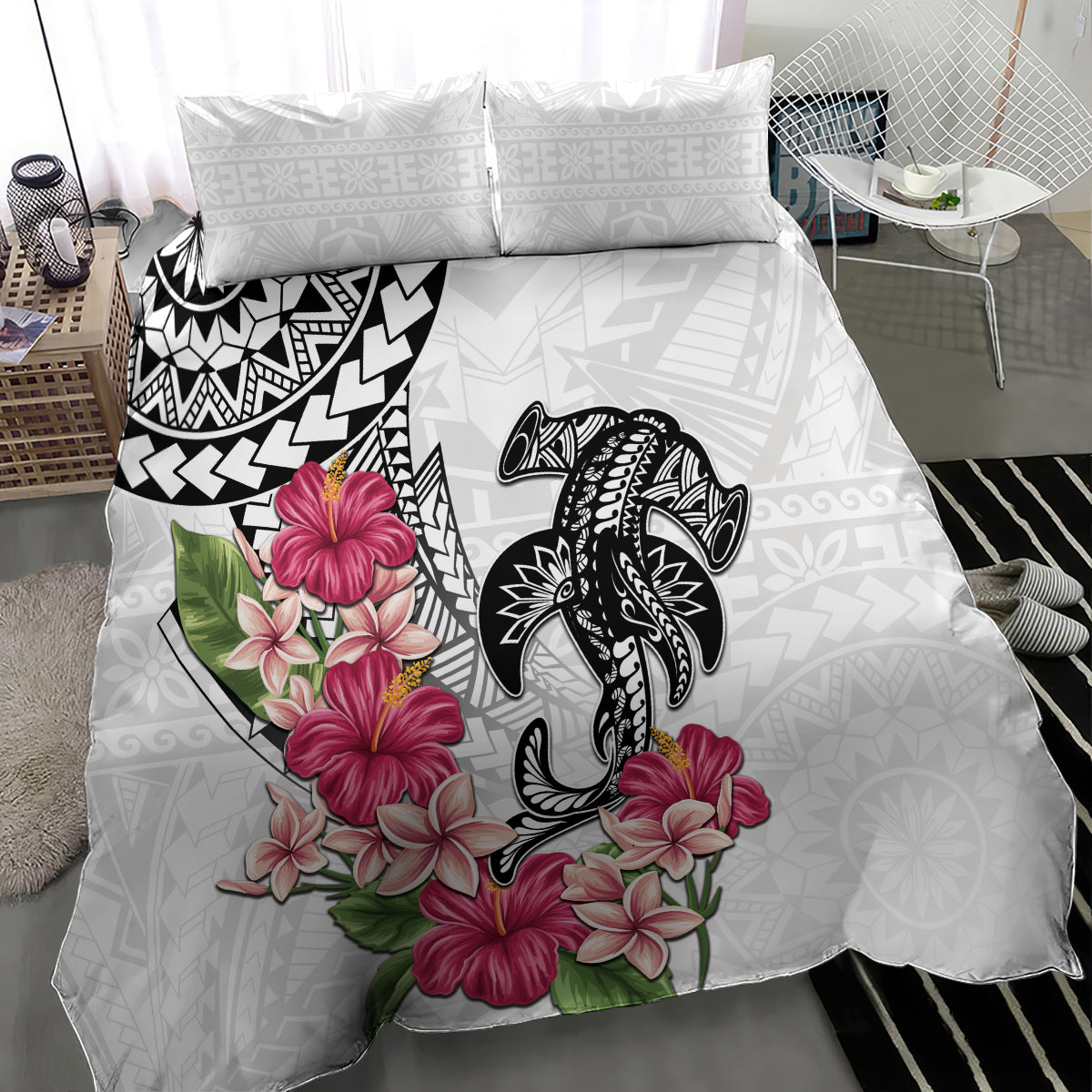 White Polynesian Hammerhead Shark Tribal Pattern Bedding Set LT05 - Polynesian Pride