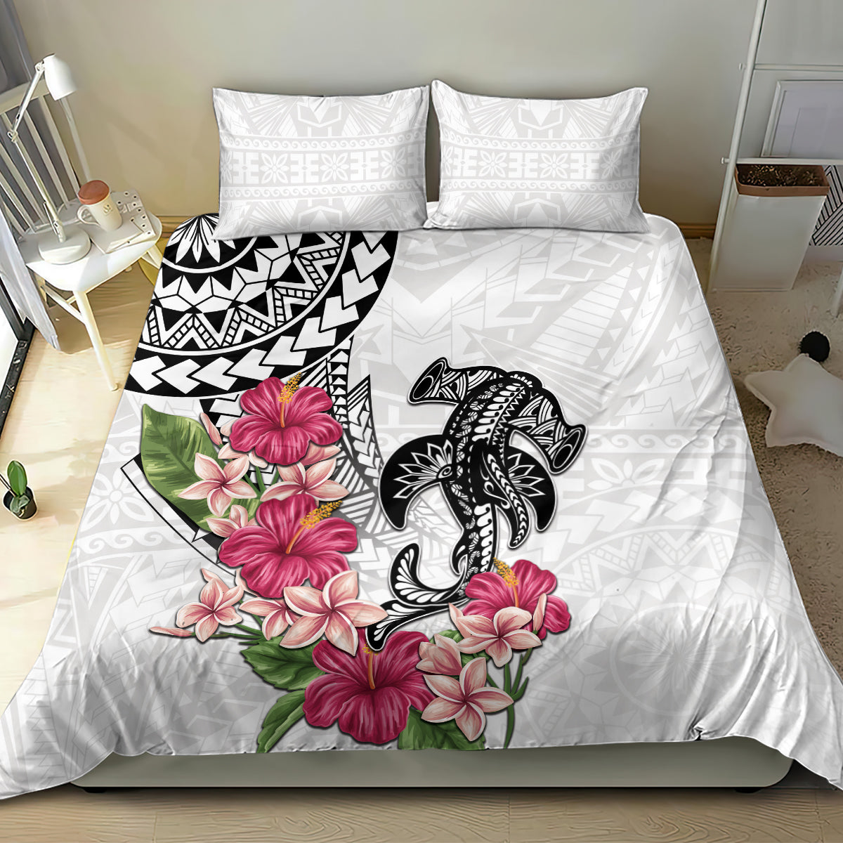 White Polynesian Hammerhead Shark Tribal Pattern Bedding Set LT05 - Polynesian Pride
