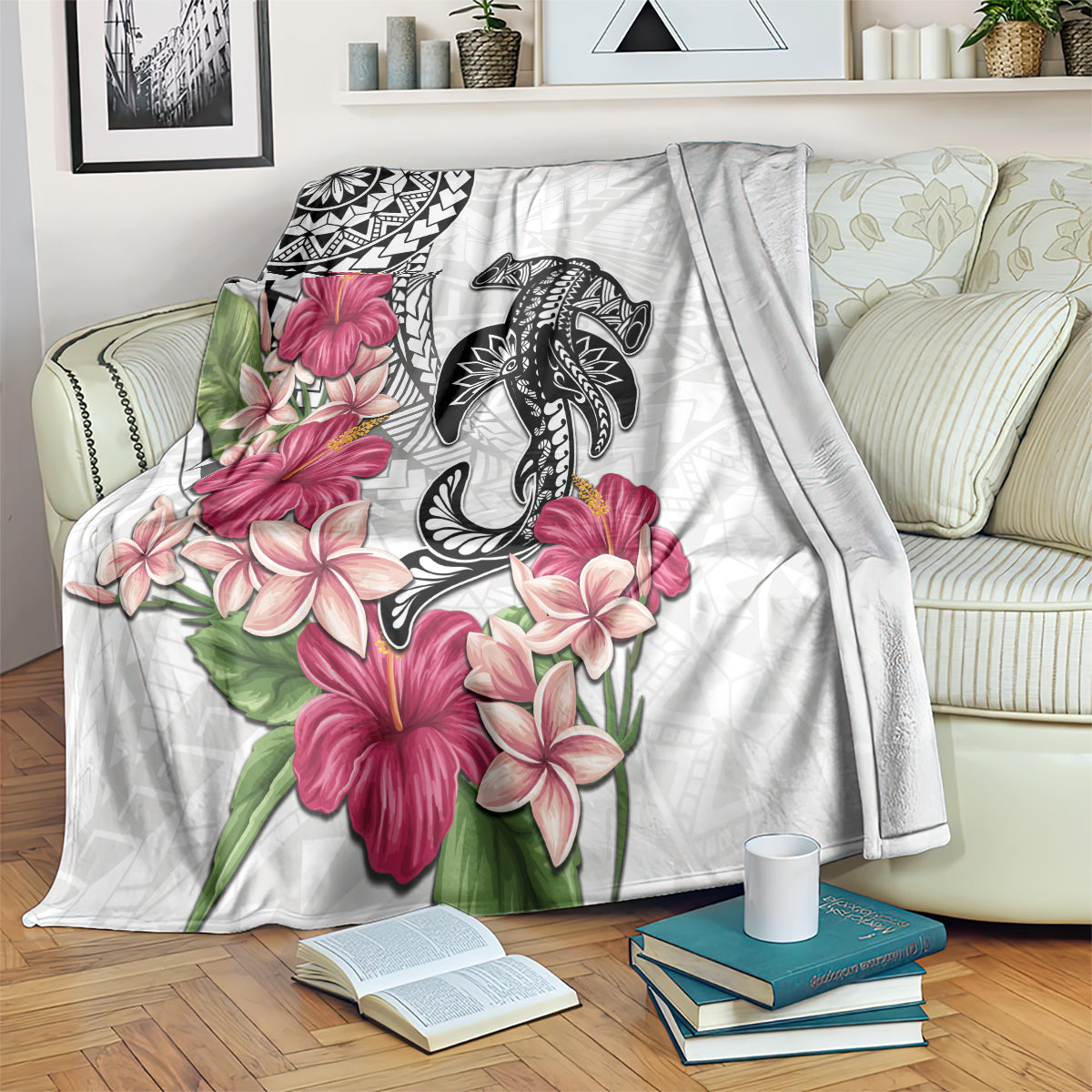 White Polynesian Hammerhead Shark Tribal Pattern Blanket LT05 White - Polynesian Pride