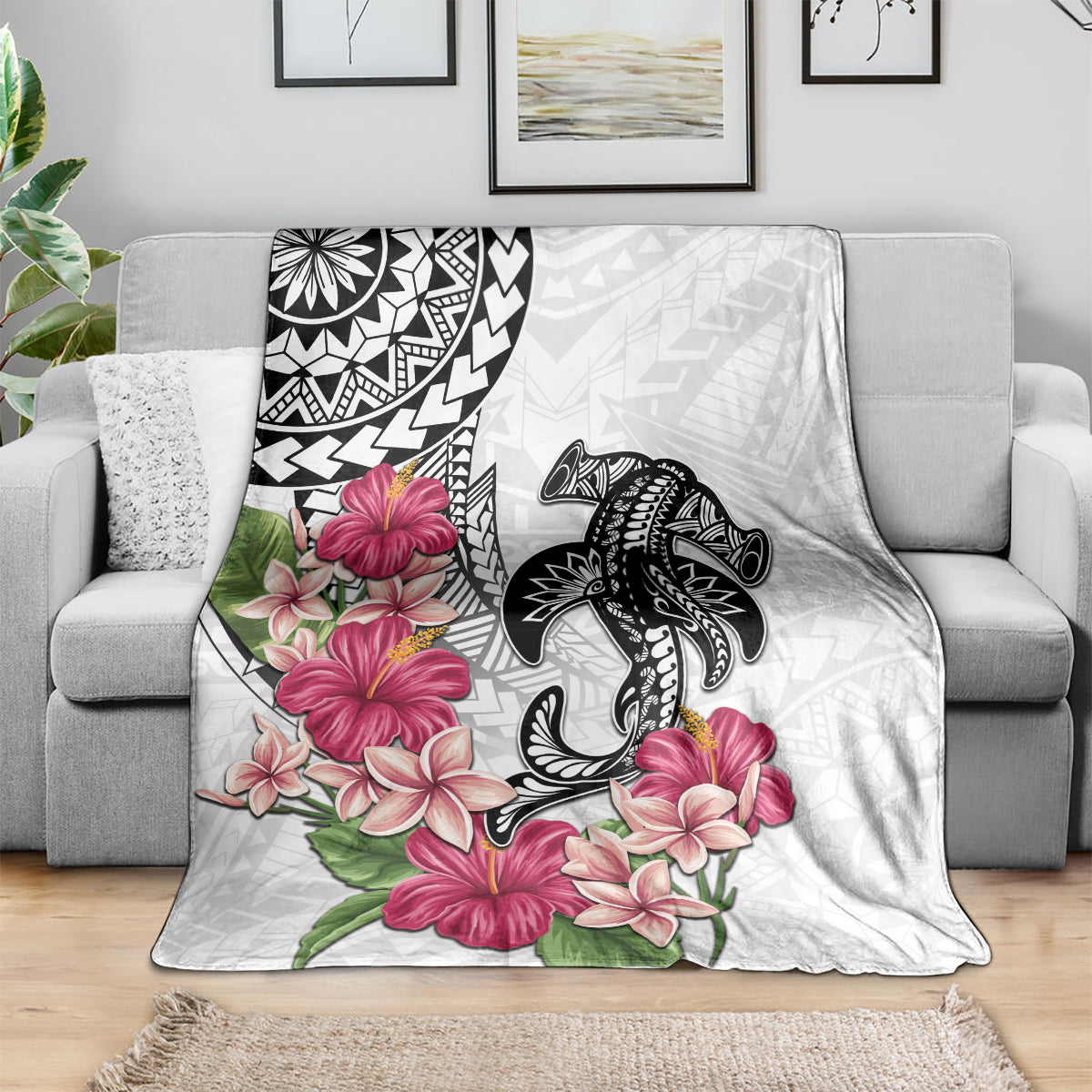 White Polynesian Hammerhead Shark Tribal Pattern Blanket LT05 - Polynesian Pride