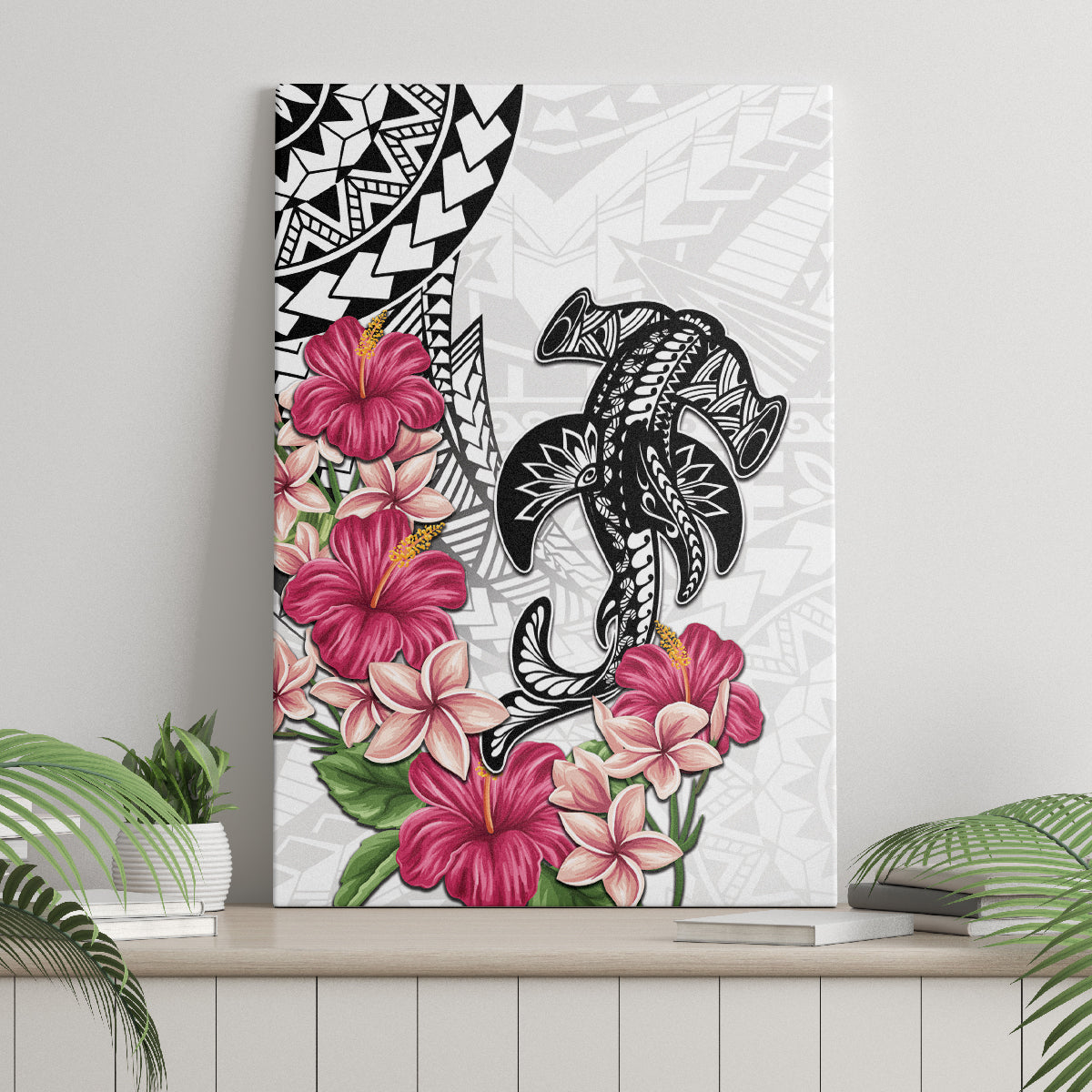 White Polynesian Hammerhead Shark Tribal Pattern Canvas Wall Art LT05 - Polynesian Pride
