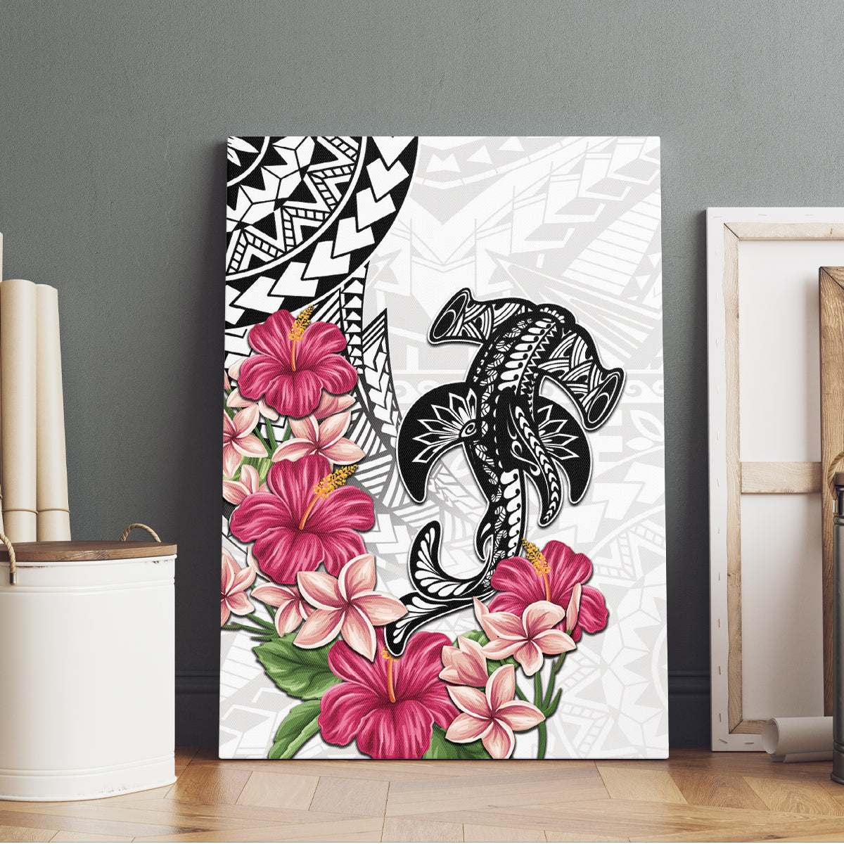 White Polynesian Hammerhead Shark Tribal Pattern Canvas Wall Art LT05 - Polynesian Pride