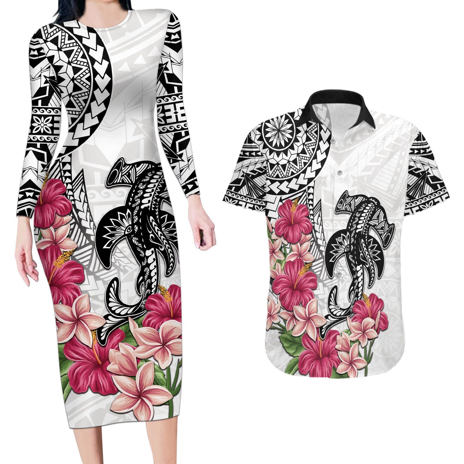 White Polynesian Hammerhead Shark Tribal Pattern Couples Matching Long Sleeve Bodycon Dress and Hawaiian Shirt