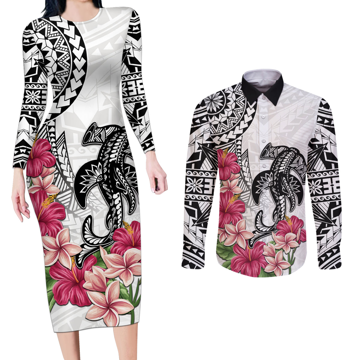 White Polynesian Hammerhead Shark Tribal Pattern Couples Matching Long Sleeve Bodycon Dress and Long Sleeve Button Shirt LT05 White - Polynesian Pride