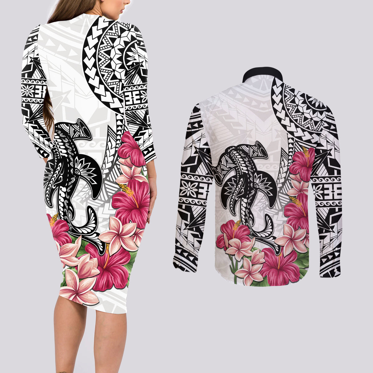 White Polynesian Hammerhead Shark Tribal Pattern Couples Matching Long Sleeve Bodycon Dress and Long Sleeve Button Shirt LT05 - Polynesian Pride