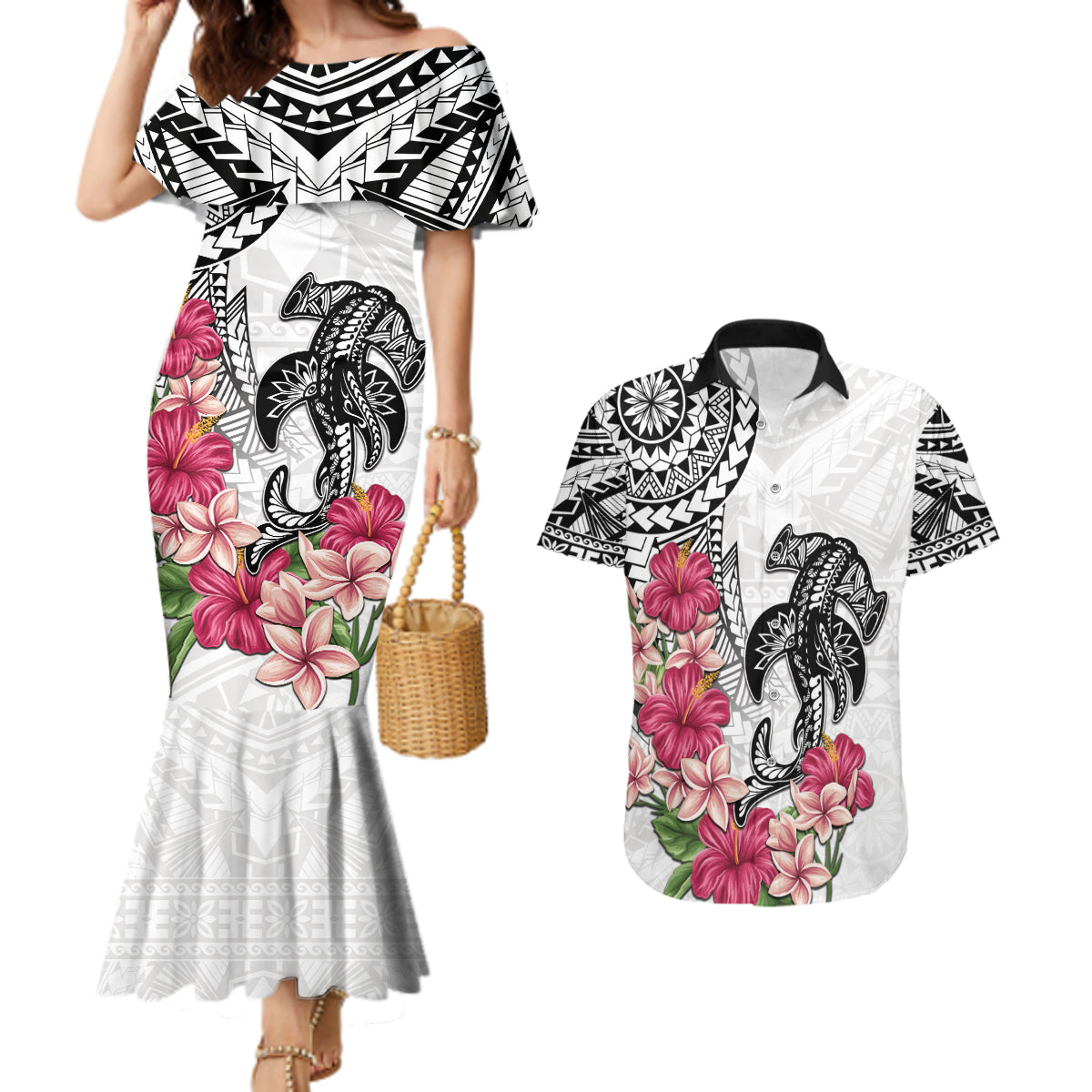 White Polynesian Hammerhead Shark Tribal Pattern Couples Matching Mermaid Dress and Hawaiian Shirt