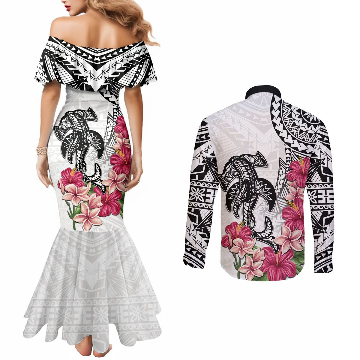 White Polynesian Hammerhead Shark Tribal Pattern Couples Matching Mermaid Dress and Long Sleeve Button Shirt LT05 - Polynesian Pride