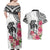 White Polynesian Hammerhead Shark Tribal Pattern Couples Matching Off Shoulder Maxi Dress and Hawaiian Shirt