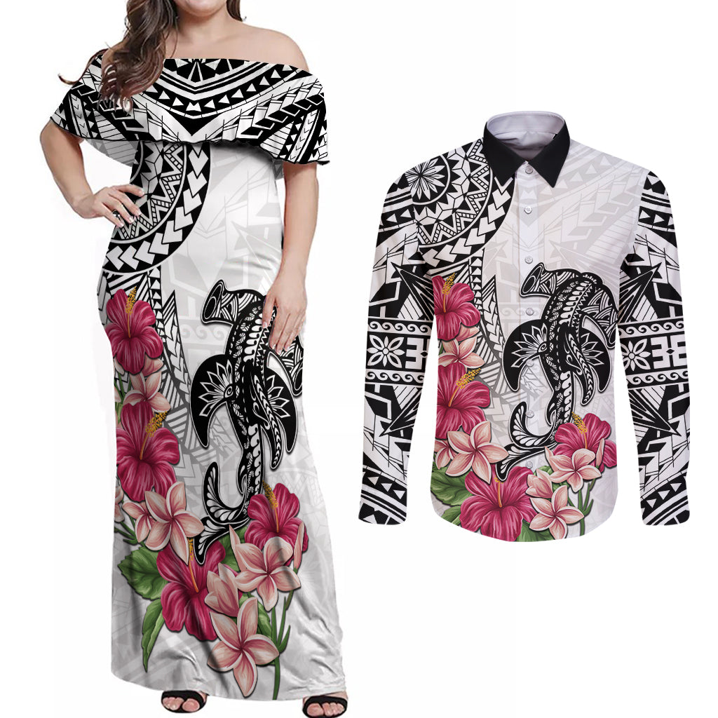 White Polynesian Hammerhead Shark Tribal Pattern Couples Matching Off Shoulder Maxi Dress and Long Sleeve Button Shirt LT05 White - Polynesian Pride