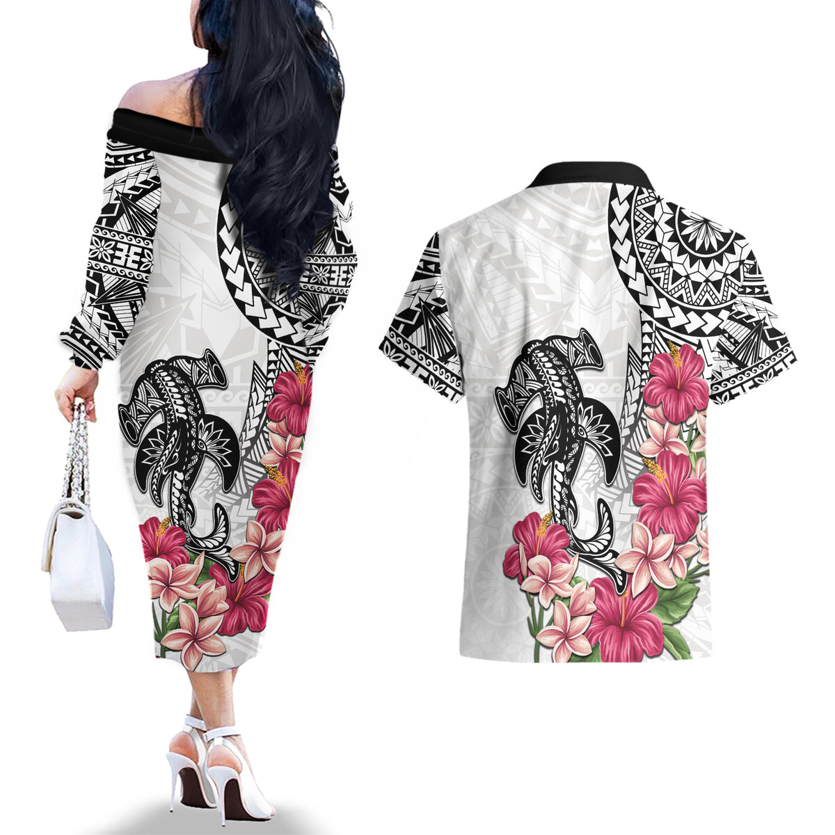 White Polynesian Hammerhead Shark Tribal Pattern Couples Matching Off The Shoulder Long Sleeve Dress and Hawaiian Shirt LT05 - Polynesian Pride