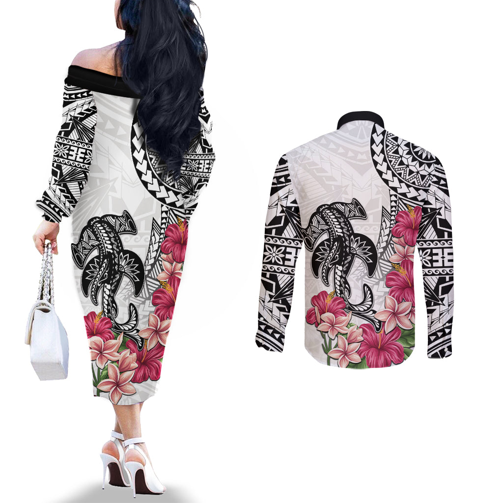 White Polynesian Hammerhead Shark Tribal Pattern Couples Matching Off The Shoulder Long Sleeve Dress and Long Sleeve Button Shirt LT05 - Polynesian Pride