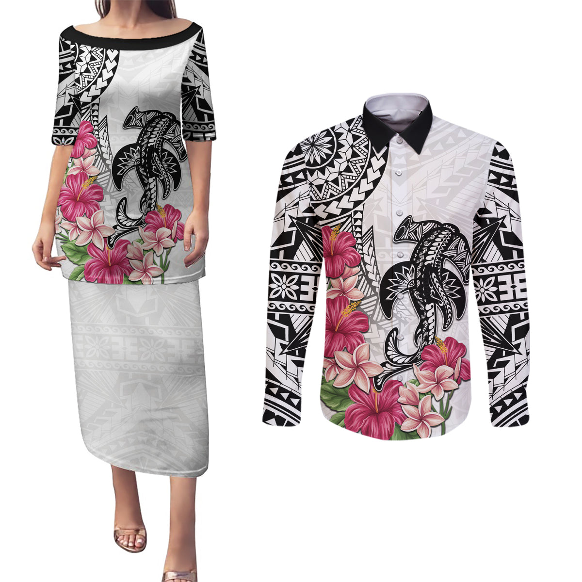 White Polynesian Hammerhead Shark Tribal Pattern Couples Matching Puletasi and Long Sleeve Button Shirt LT05 White - Polynesian Pride