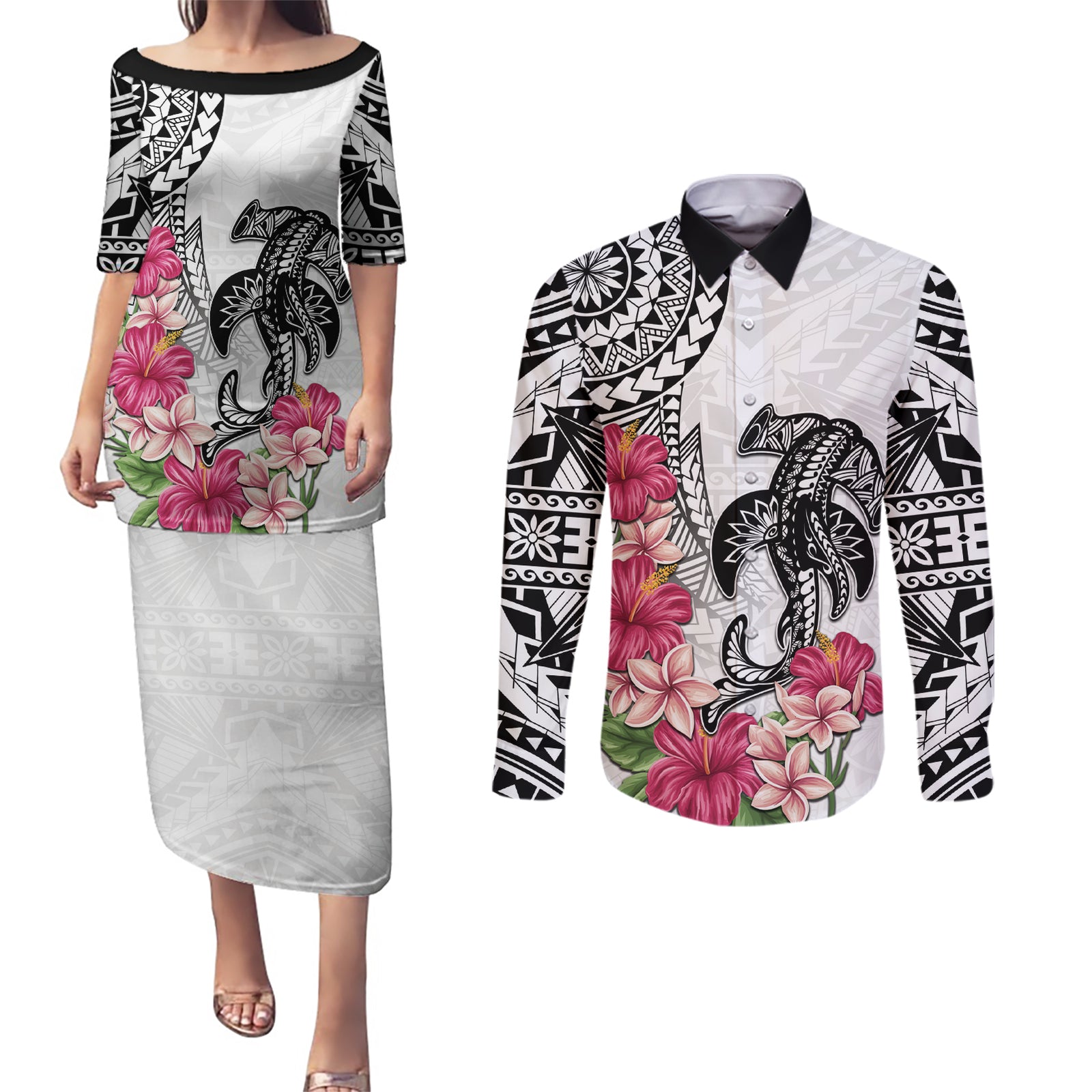White Polynesian Hammerhead Shark Tribal Pattern Couples Matching Puletasi and Long Sleeve Button Shirt LT05 White - Polynesian Pride