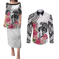 White Polynesian Hammerhead Shark Tribal Pattern Couples Matching Puletasi and Long Sleeve Button Shirt LT05 White - Polynesian Pride