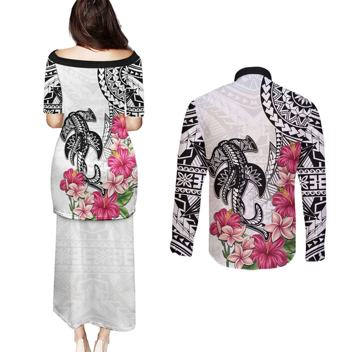 White Polynesian Hammerhead Shark Tribal Pattern Couples Matching Puletasi and Long Sleeve Button Shirt LT05 - Polynesian Pride