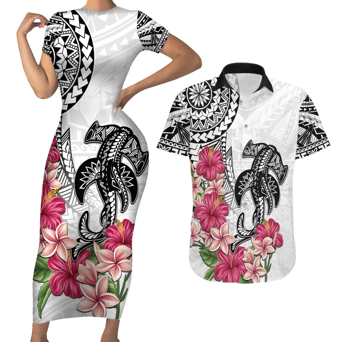 White Polynesian Hammerhead Shark Tribal Pattern Couples Matching Short Sleeve Bodycon Dress and Hawaiian Shirt LT05 White - Polynesian Pride