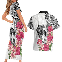 White Polynesian Hammerhead Shark Tribal Pattern Couples Matching Short Sleeve Bodycon Dress and Hawaiian Shirt LT05 - Polynesian Pride