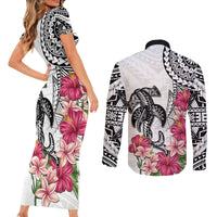 White Polynesian Hammerhead Shark Tribal Pattern Couples Matching Short Sleeve Bodycon Dress and Long Sleeve Button Shirt LT05 - Polynesian Pride
