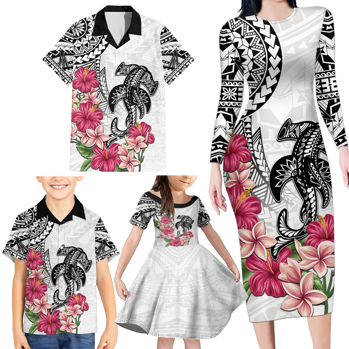 White Polynesian Hammerhead Shark Tribal Pattern Family Matching Long Sleeve Bodycon Dress and Hawaiian Shirt