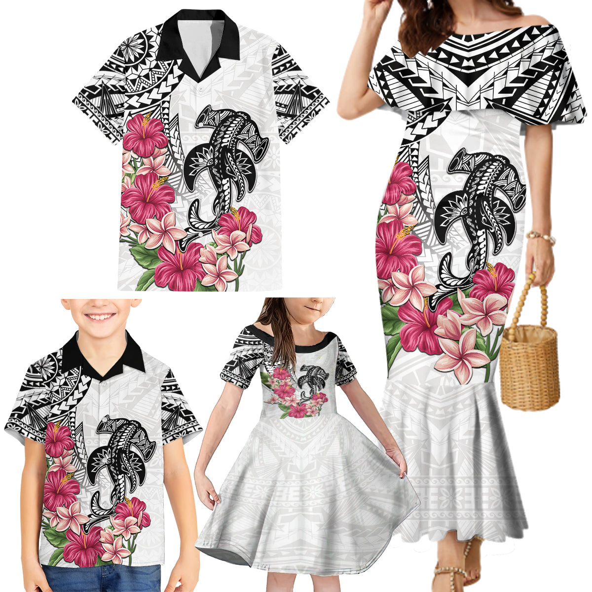 White Polynesian Hammerhead Shark Tribal Pattern Family Matching Mermaid Dress and Hawaiian Shirt LT05 - Polynesian Pride