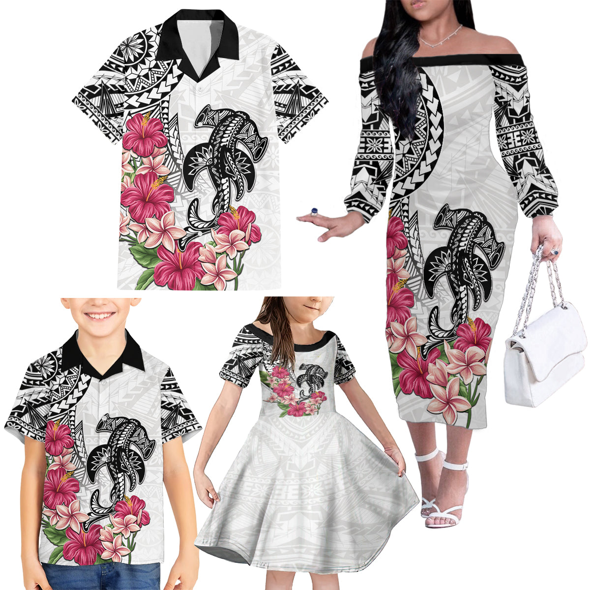 White Polynesian Hammerhead Shark Tribal Pattern Family Matching Off The Shoulder Long Sleeve Dress and Hawaiian Shirt LT05 - Polynesian Pride