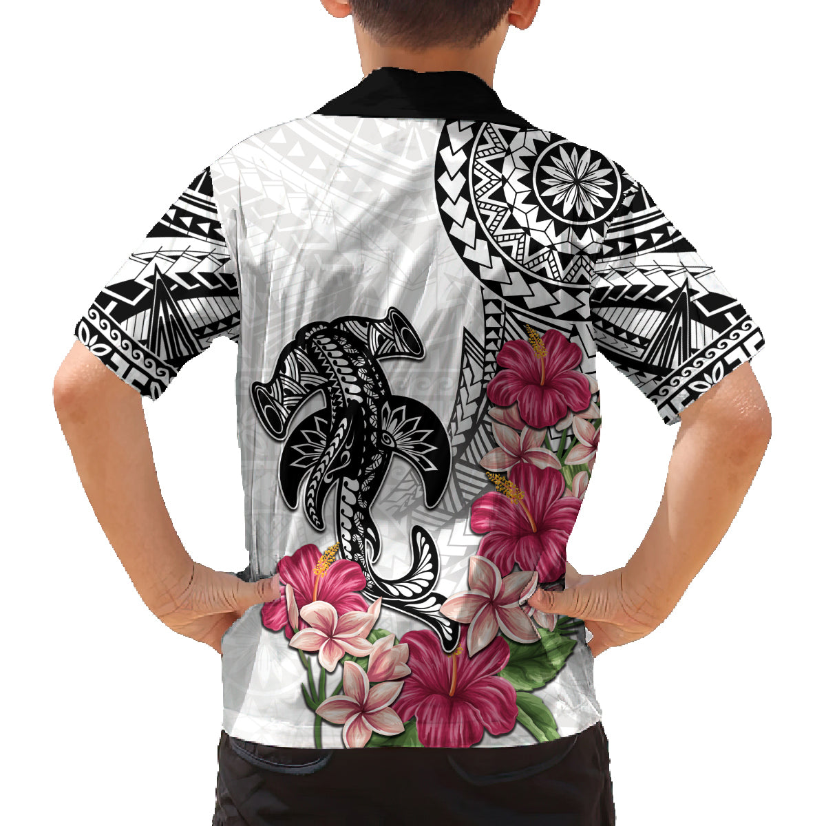 White Polynesian Hammerhead Shark Tribal Pattern Family Matching Off Shoulder Short Dress and Hawaiian Shirt LT05 - Polynesian Pride