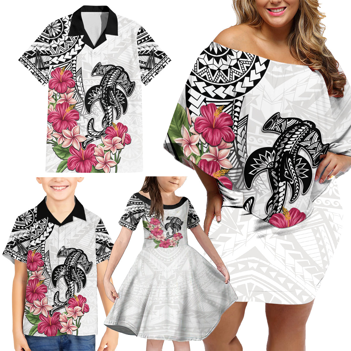 White Polynesian Hammerhead Shark Tribal Pattern Family Matching Off Shoulder Short Dress and Hawaiian Shirt LT05 - Polynesian Pride